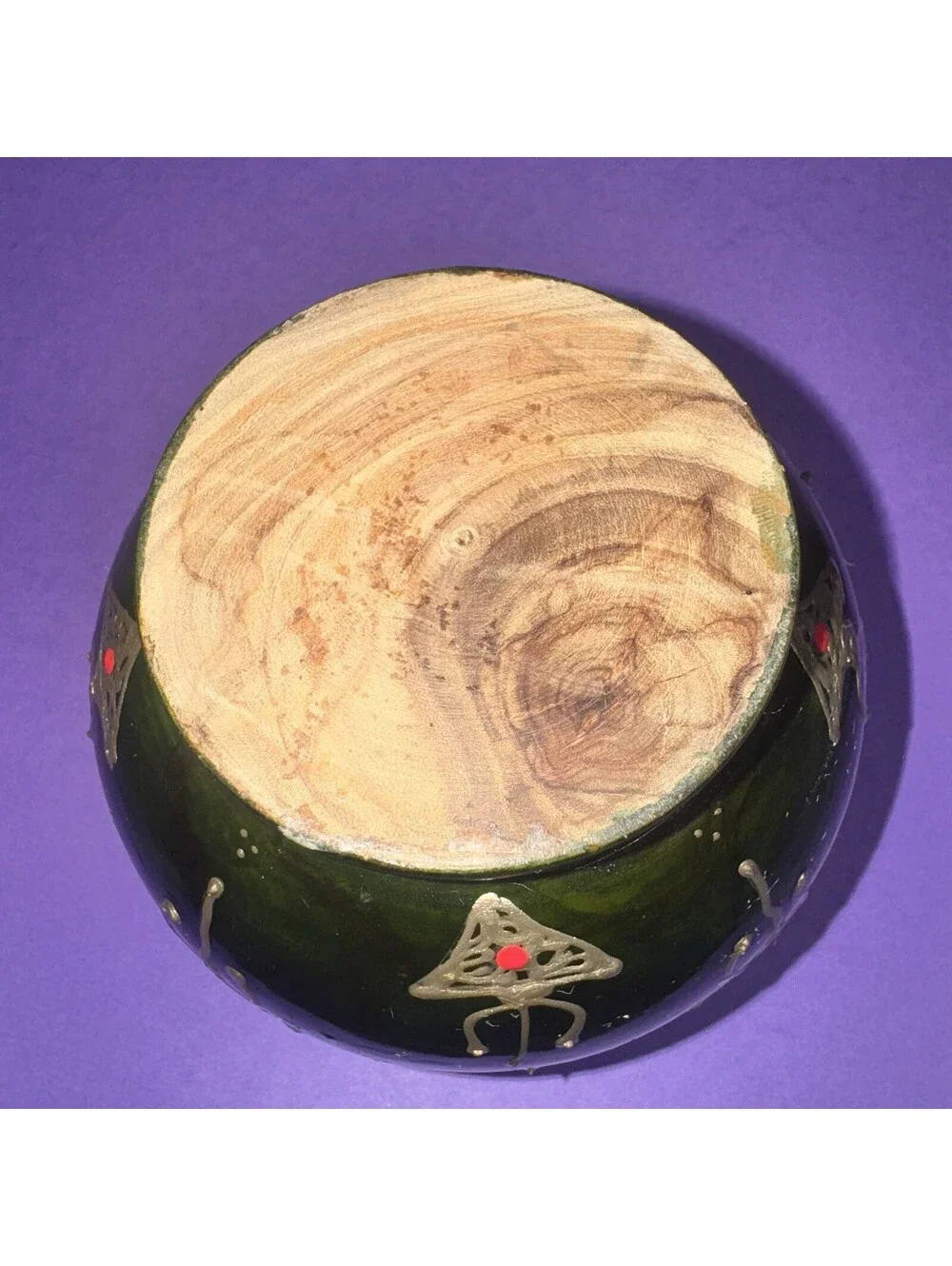 Vtg. Hand Painted Green Wooden Lidded Jar Apothecary Trinket Box Folk Art 4.5”